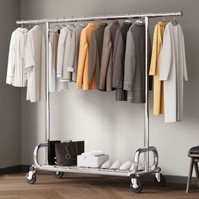 HOKEEPER Heavy Duty 450 lbs Capacity Clothing Rack with Shelves, Garment Rack, Adjustable Rolling Commercial Grade Clothes Rack (50-75" Length, 64-68" Height) with Storage Shelf Silver