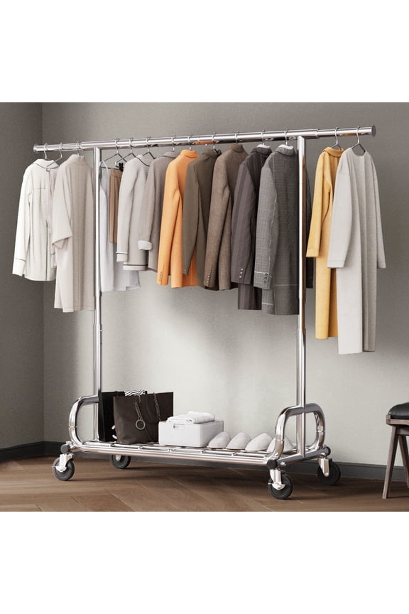 Heavy Duty 450 lbs Capacity Clothing Rack with Shelves, Garment Rack, Adjustable Rolling Commercial Grade Clothes Rack (50-75" Length, 64-68" Height) with Storage Shelf Silver
