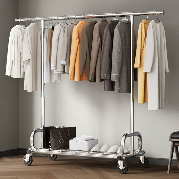 HOKEEPER Heavy Duty 450 lbs Capacity Clothing Rack with Shelves, Garment Rack, Adjustable Rolling Commercial Grade Clothes Rack (45.66-70.86" Length, 64-68" Height) with Storage Shelf Silver