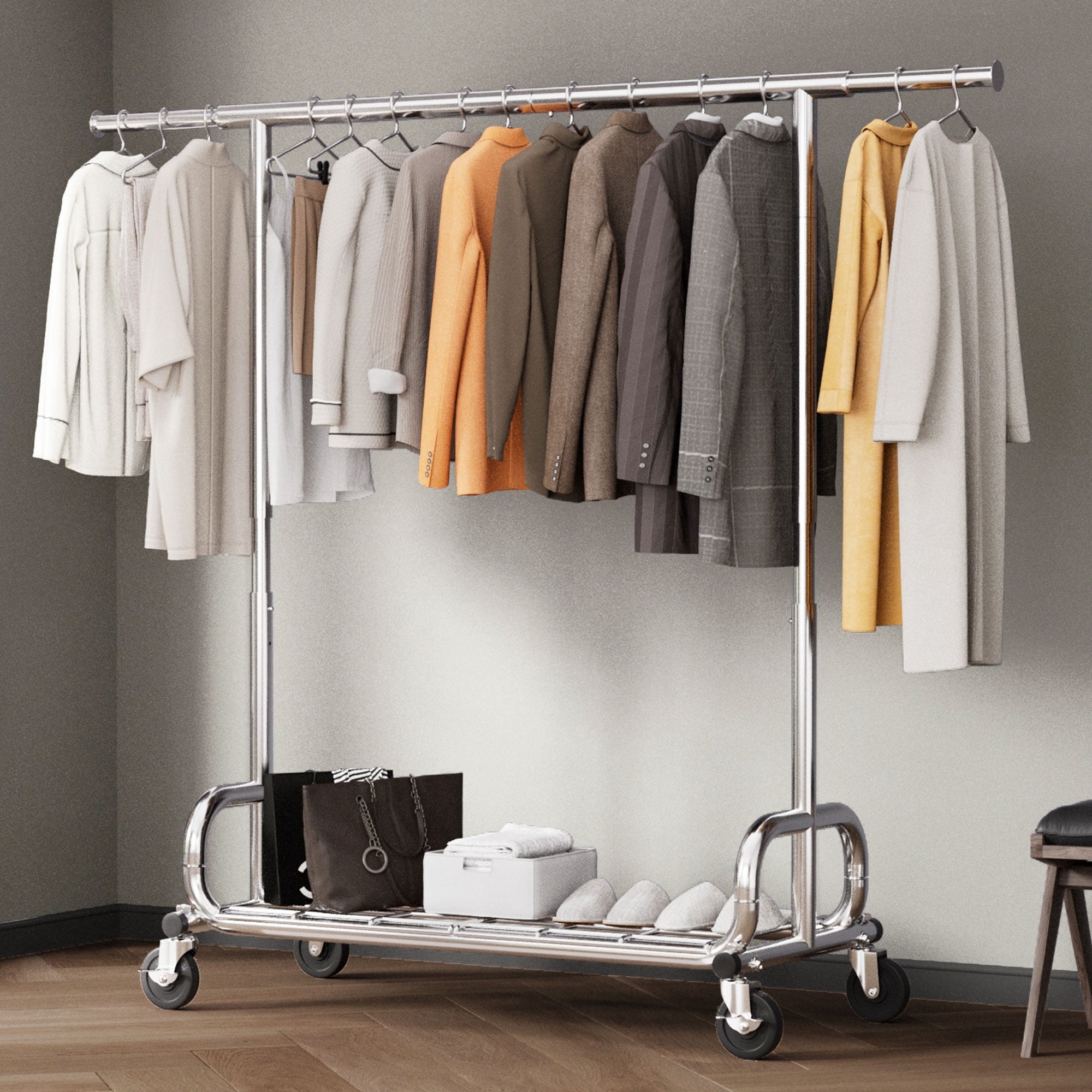 Heavy Duty School Coat Rack On Wheels Industrial Pipe Garment Rack With  Wooden Shelf 1035mm Displaysense