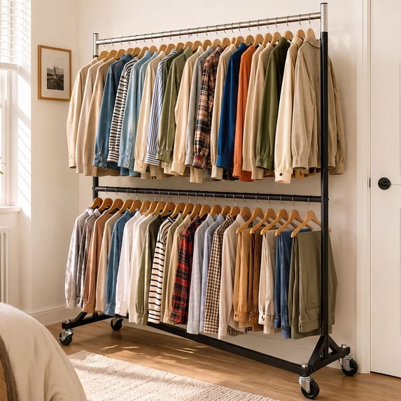 HOKEEPER 420lbs Load Commercial Industrial Grade Heavy Duty Z-Base Garment Rack with Add-On Clothes Hanging Bar, Height Adjustable Clothing Rack Silver