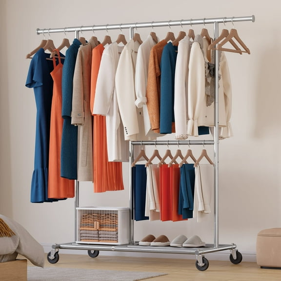 HOKEEPER 460lbs Clothing Garment Rack Rolling Clothes Rack with Wheels for Hanging Clothes Commercial Grade Adjustable Silver