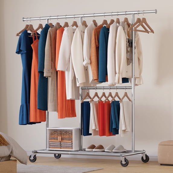 HOKEEPER 460lbs Clothing Garment Rack Rolling Clothes Rack with Wheels for Hanging Clothes Commercial Grade Adjustable Silver