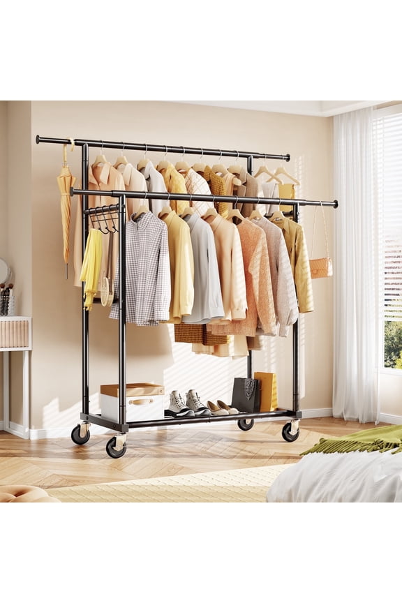 Heavy Duty Double Rails Clothes Rack with Shelves, 450lbs Capacity Steel Garment Rack with Wheels, Commercial Grade Adjustable Length Bottom Mesh Shelf for Storage, Black