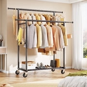 HOKEEPER Heavy Duty Double Rails Clothes Rack with Shelves, 450lbs Capacity Steel Garment Rack with Wheels, Commercial Grade Adjustable Length Bottom Mesh Shelf for Storage, Black