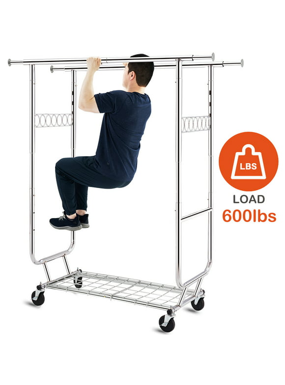 HOKEEPER 600 lbs Commercial Grade Heavy Duty  Garment Rack with Shelves Collapsible Clothing Racks on Wheels Rolling Clothes Rack for Hanging Clothes Portable  Adjustable, Chrome Finish
