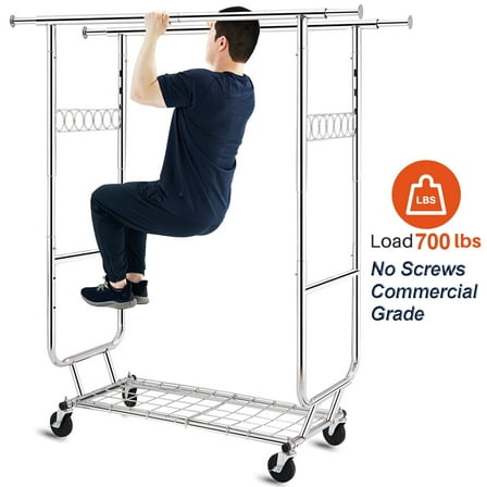 HOKEEPER 700 lbs Commercial Grade Heavy Duty Garment Rack with Shelves Collapsible Clothing Racks on Wheels Rolling Clothes Rack for Hanging Clothes Portable Adjustable, Chrome Finish