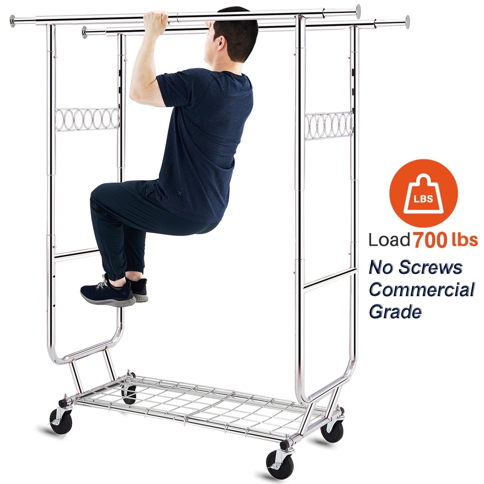 700 lbs Commercial Grade Heavy Duty Garment Rack with Shelves Collapsible Clothing Racks on Wheels Rolling Clothes Rack for Hanging Clothes Portable Adjustable, Chrome Finish at Walmart