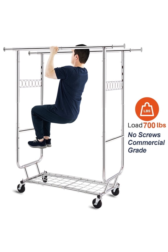 700 lbs Commercial Grade Heavy Duty Garment Rack with Shelves Collapsible Clothing Racks on Wheels Rolling Clothes Rack for Hanging Clothes Portable Adjustable, Chrome Finish