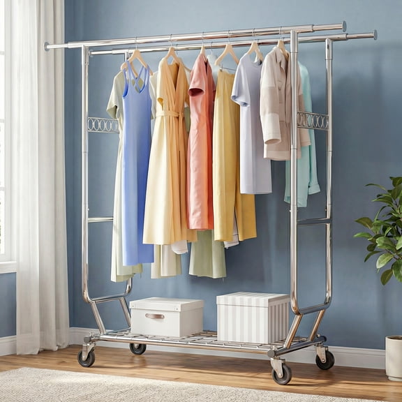 HOKEEPER 700 lbs Commercial Grade Heavy Duty Garment Rack with Shelves Collapsible Clothing Racks on Wheels Rolling Clothes Rack for Hanging Clothes Portable Adjustable, Chrome Finish