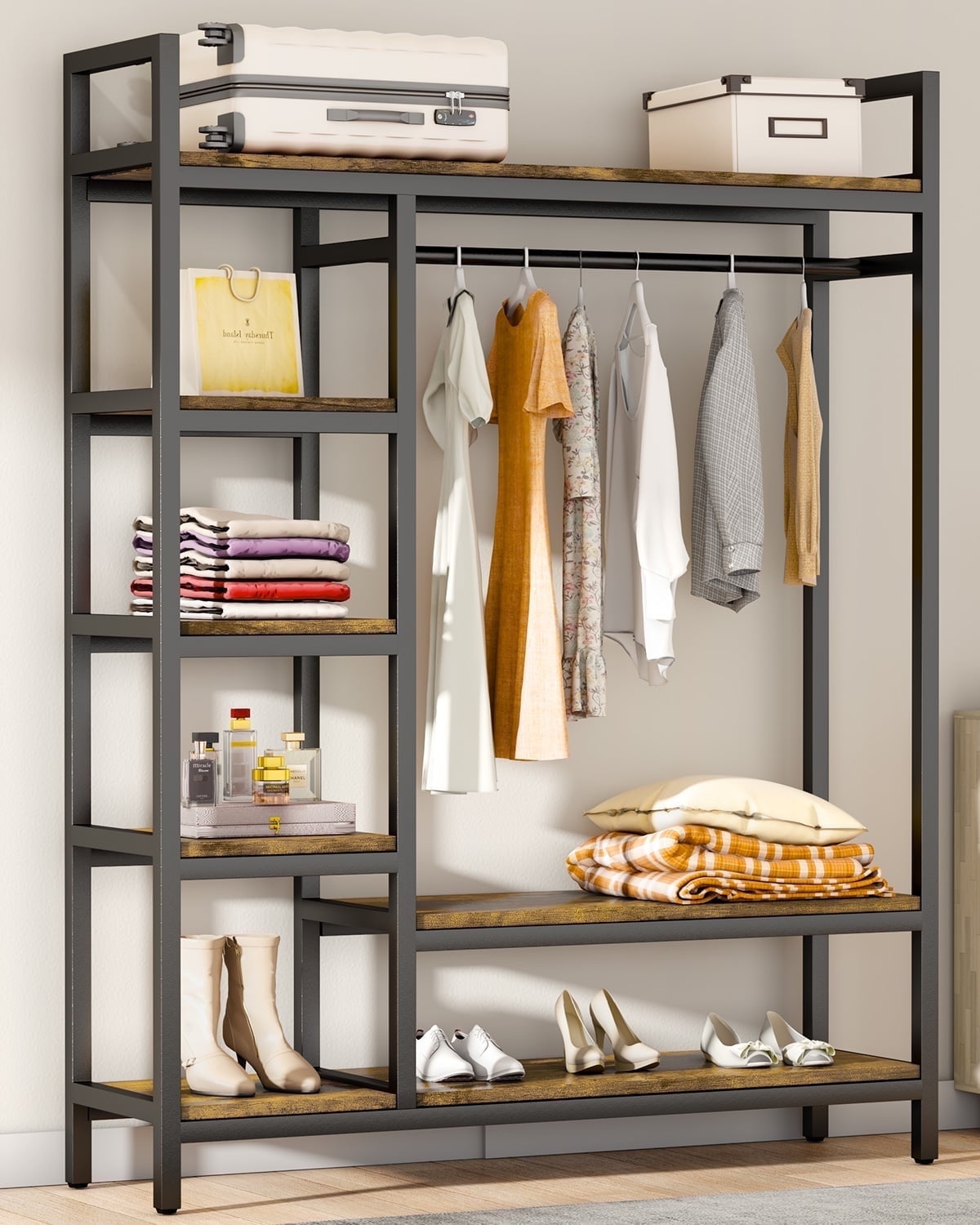 Heavy Duty Garment Rack with Shelves Brown