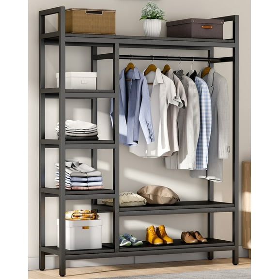 HOKEEPER 600lbs Capacity 47"x16"x71" Heavy Duty Clothing Rack with Shelves Freestanding Closet Organizer Wardrobe Closet Mens Womens Clothing Rack for Hanging Clothes Metal Garment Rack Black