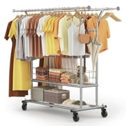 HOKEEPER 625lbs Heavy Duty Double Clothing Garment Rack with Shelves and Metal Basket Clothing Racks on Wheels Rolling Clothes Rack for Hanging Clothes