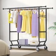 HOKEEPER 700lbs Heavy Duty Clothing Garment Rack with Shelves Commercial Clothing Racks on Wheels Double Rails Clothes Rack Portable Collapsible Adjustable Black