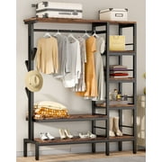 HOKEEPER 650lbs Capacity Heavy Duty Clothes Rack with Shelves Freestanding Closet Organizer with Hooks Metal Wardrobe Clothing Rack and Storage Shelves Garment Rack with Wood Storage Shelves Brown