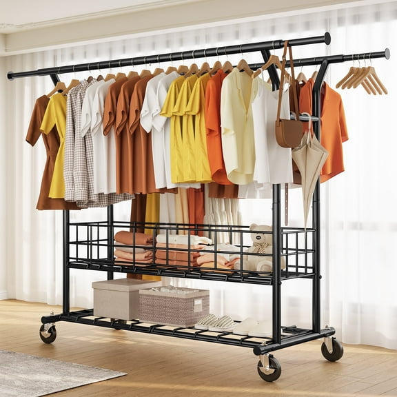 HOKEEPER 625lbs Heavy Duty Double Clothing Garment Rack with Shelves and Metal Basket Clothing Racks on Wheels Rolling Clothes Rack for Hanging Clothes Commercial Grade Black