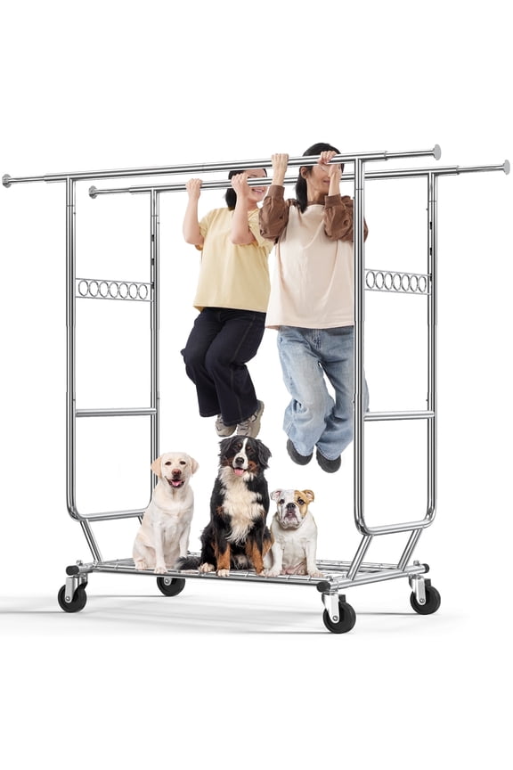680 lbs Heavy Duty Clothing Garment Rack with Shelves Commercial Grade Clothing Racks on Wheels Rolling Double Clothes Rack Portable Collapsible Adjustable, Chrome Finish