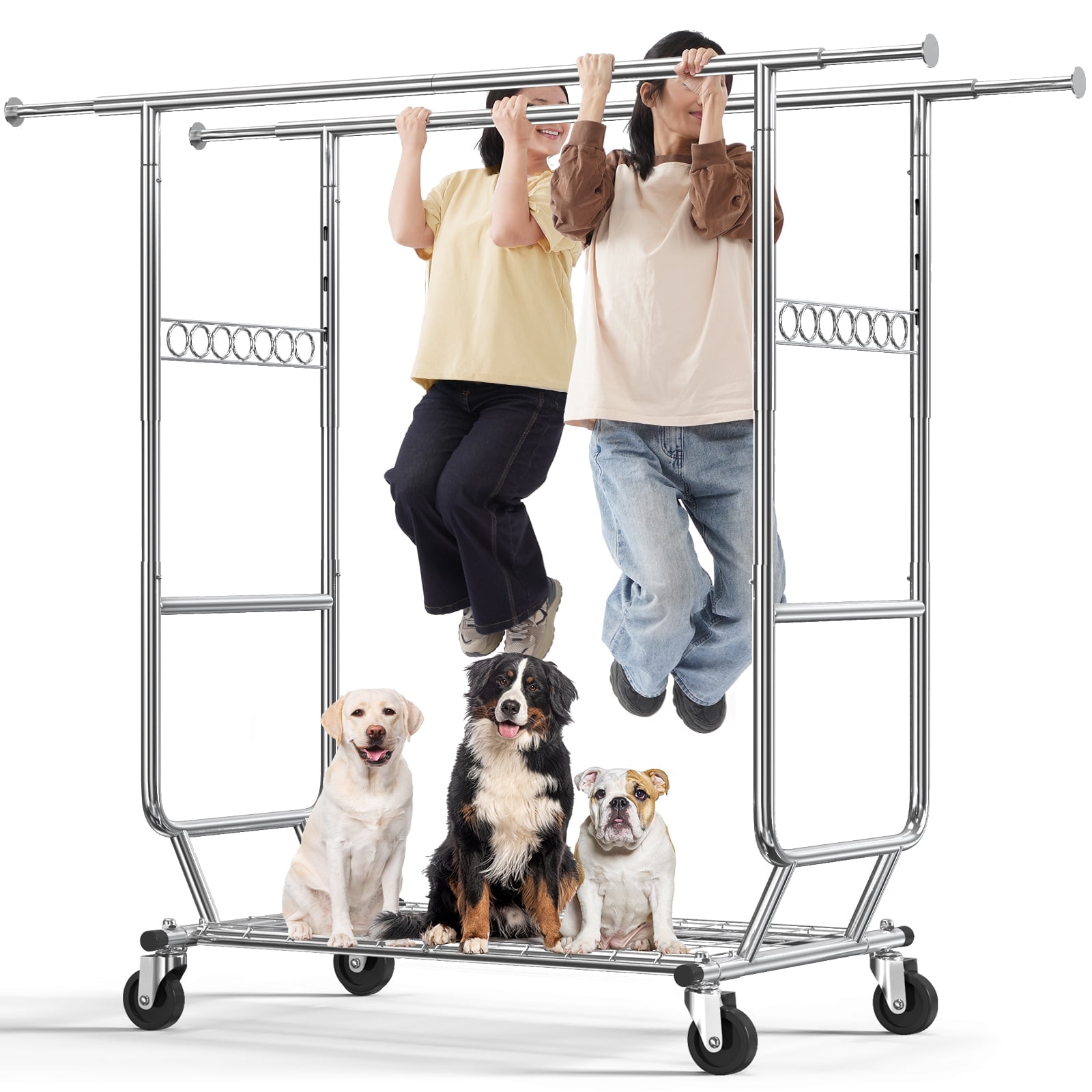 HOKEEPER 680 lbs Heavy Duty Clothing Garment Rack with Shelves Commercial Grade Clothing Racks on Wheels Rolling Double Clothes Rack Portable Collapsible Adjustable, Chrome Finish