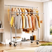 HOKEEPER Heavy Duty Double Rails Clothes Rack with Shelves, 450lbs Capacity Steel Garment Rack with Wheels, Commercial Grade Adjustable Length Bottom Mesh Shelf, Silver