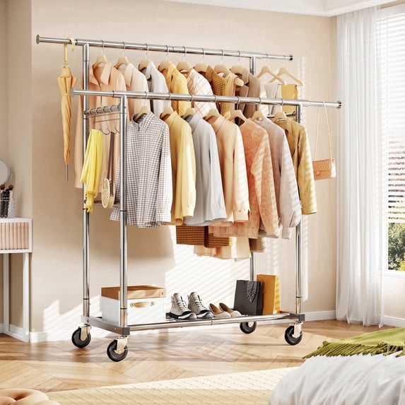 HOKEEPER Heavy Duty Double Rails Clothes Rack with Shelves, 450lbs Capacity Steel Garment Rack with Wheels, Commercial Grade Adjustable Length Bottom Mesh Shelf for Storage, Silver