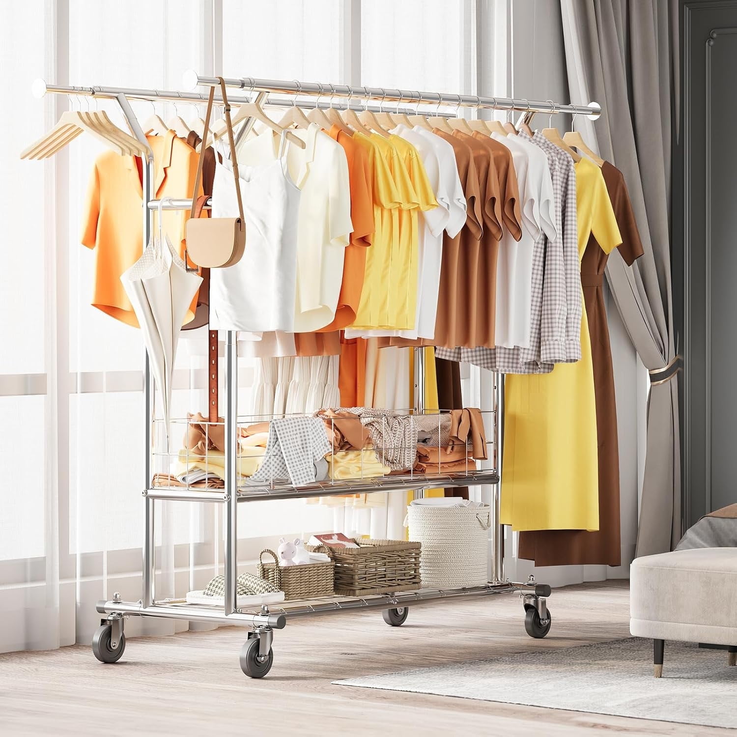 HOKEEPER Clothing Rack Heavy Duty Clothes Rack 625LBS Adjustable Garment Rack with Metal Basket, Commercial Double Rods with Wheels for Bed Room