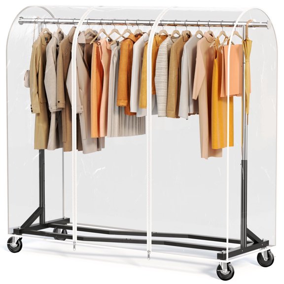 HOKEEPER Heavy Duty Clothing Rack with Cover 450 lbs Capacity Adjustable Z Base Garment Rack, Rolling Metal Clothes Rack with Wheels, Commercial Grade No-Gap Zippered Dust Cover, 65"-71" Height