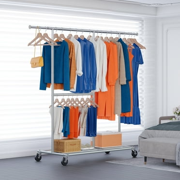 UBesGoo Portable Heavy Duty Double Rod Garment Rack, Adjustable Shelves ...