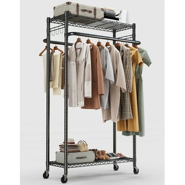 HOKEEPER Heavy Duty 38"x22"x75" Double Hanging Wire Garment Rack with Shelves Clothes Rack with Clothing Hooks Rolling Wheels Black