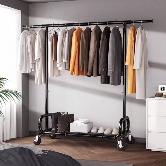 HOKEEPER Heavy Duty 450 lbs Capacity Clothing Rack with Shelves, Garment Rack, Adjustable Rolling Commercial Grade Clothes Rack (50-75" Length, 64-68" Height) with Storage Shelf Black