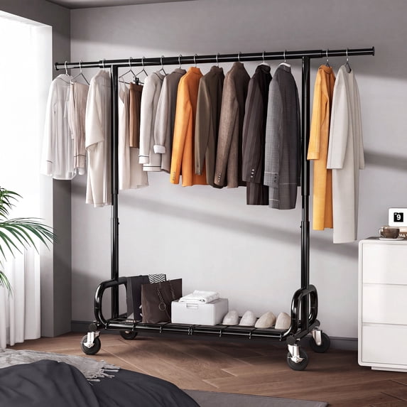 HOKEEPER Heavy Duty 450 lbs Capacity Clothing Rack with Shelves, Garment Rack, Adjustable Rolling Commercial Grade Clothes Rack (50-75" Length, 64-68" Height) with Storage Shelf Black
