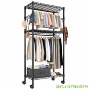 HOKEEPER Heavy Duty 35.4"x15.7"x78." Wire Garment Rack Clothes Rack with Shelves Double Rods, Rolling Clothing Rack for Hanging Clothes, Portable Freestanding Closet Storage Shelves with Wheels Hooks