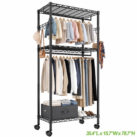 HOKEEPER Heavy Duty 35.4"x15.7"x78." Wire Garment Rack Clothes Rack with Shelves Double Rods, Rolling Clothing Rack for Hanging Clothes, Portable Freestanding Closet Storage Shelves with Wheels Hooks