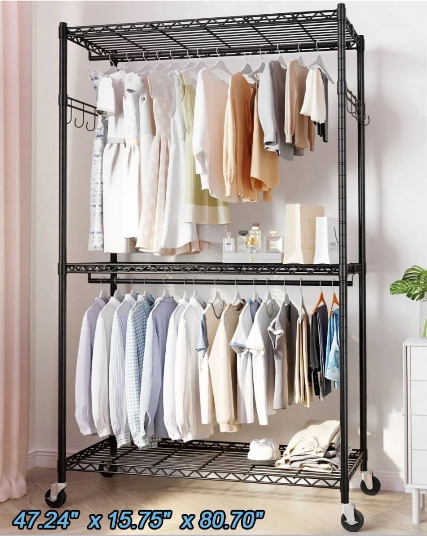 HOKEEPER Collapsible Double Heavy-Duty Rolling Garment Rack With Shelves – 600lb Capacity, 67x75x22 Inches, Silver Steel-629921