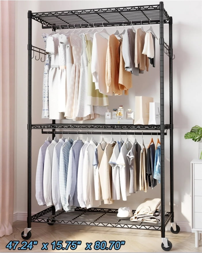 Wire Robe Rack HOKEEPER Heavy Duty Wire Garment Rack with Shelves, Double Rods, Wheels ...