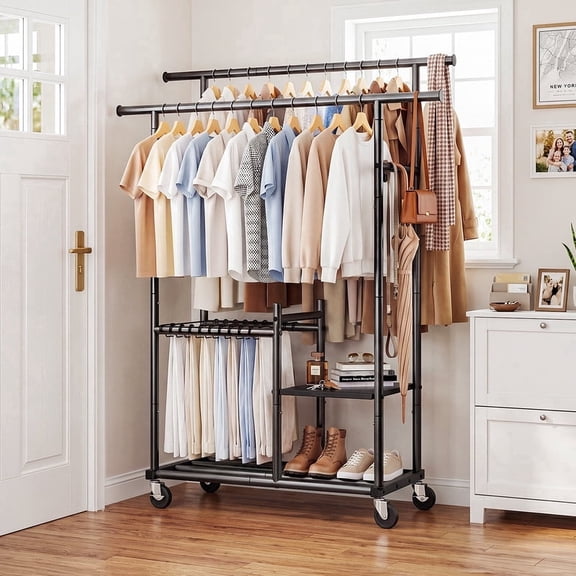 HOKEEPER Heavy Duty Clothes Rack 400 lbs Capacity, Rolling Garment Rack with Wheels, Extendable Double Rail Commercial Clothing Rack with Bottom Wire Shelf Steel Portable Wardrobe for Bedroom, Black