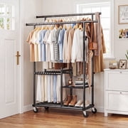 HOKEEPER Heavy Duty Clothes Rack 400 lbs Capacity, Rolling Garment Rack with Wheels, Extendable Double Rail Commercial Clothing Rack with Bottom Wire Shelf Steel Portable Wardrobe for Bedroom, Black