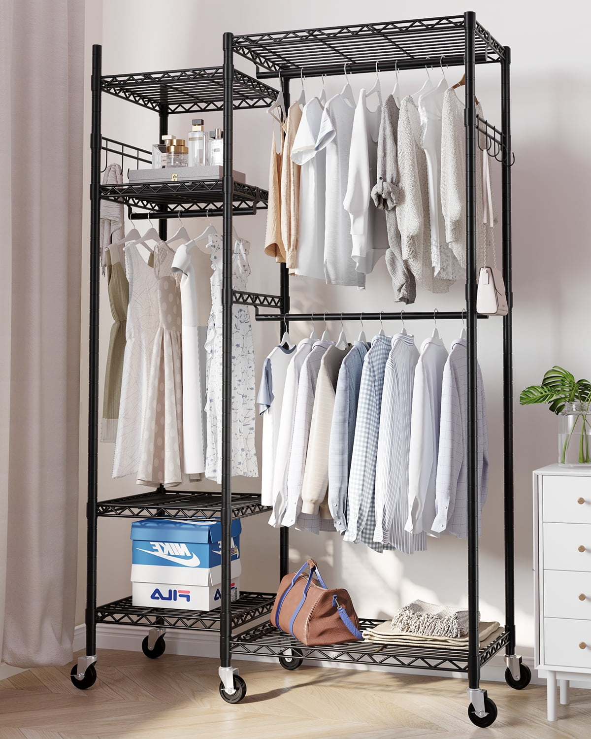 HOKEEPER Heavy Duty Portable Closet Rack with Rubber Wheels, Rolling