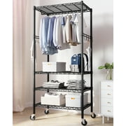 HOKEEPER Heavy Duty Rolling Wire Garment Rack Clothes Rack with Shelves, Adjustable Clothing Rack with Wheels and Hooks, Portable Freestanding Closet Rack for Hanging Clothes, Max Load 725LBS
