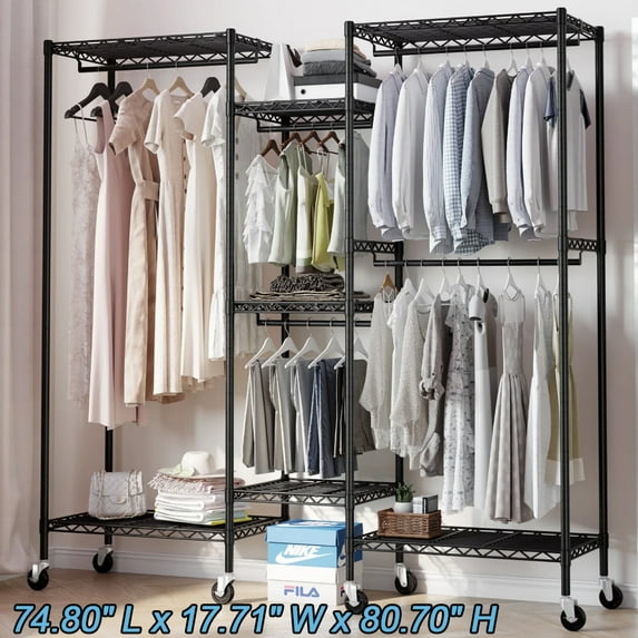 HOKEEPER Heavy Duty Rolling Wire Garment Rack with Rubber Wheels, Metal Clothing Rack for Hanging Clothes Freestanding Closet Organizer Portable Clothes Rack Wardrobe with 7 Shelves & 5 Hanging Rods