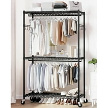 HOKEEPER Heavy Duty Wire Garment Rack Clothes Rack with 3 Shelves and 2 Rods, Portable Rolling Clothing Rack for Hanging Clothes