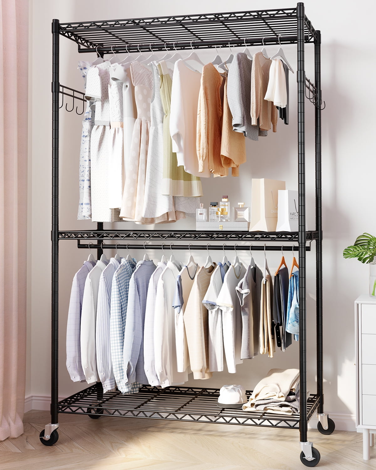L Shape Clothes Rack, Corner Garment Rack with Storage Shelves and