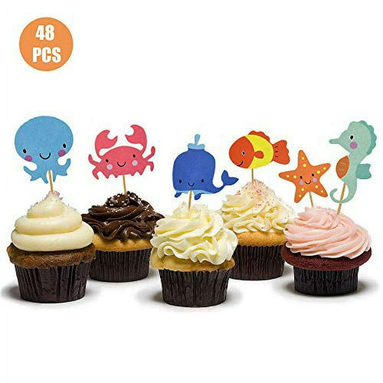 Hokpa Ocean Theme Cupcake Toppers Food Picks Dolphin Seahorse Starfish Fish for Ocean Nautical Theme Party Baby Shower Kids' Birthday Cake Supplies