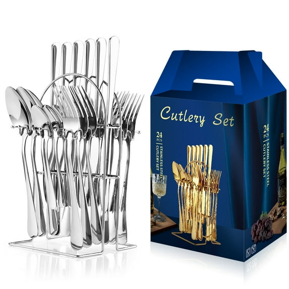 HOKSVZY 24 Piece Stainless Steel Cutlery Set Knife Fork and Spoon Household Storage Rack Gold Silver Iron Rack Storage