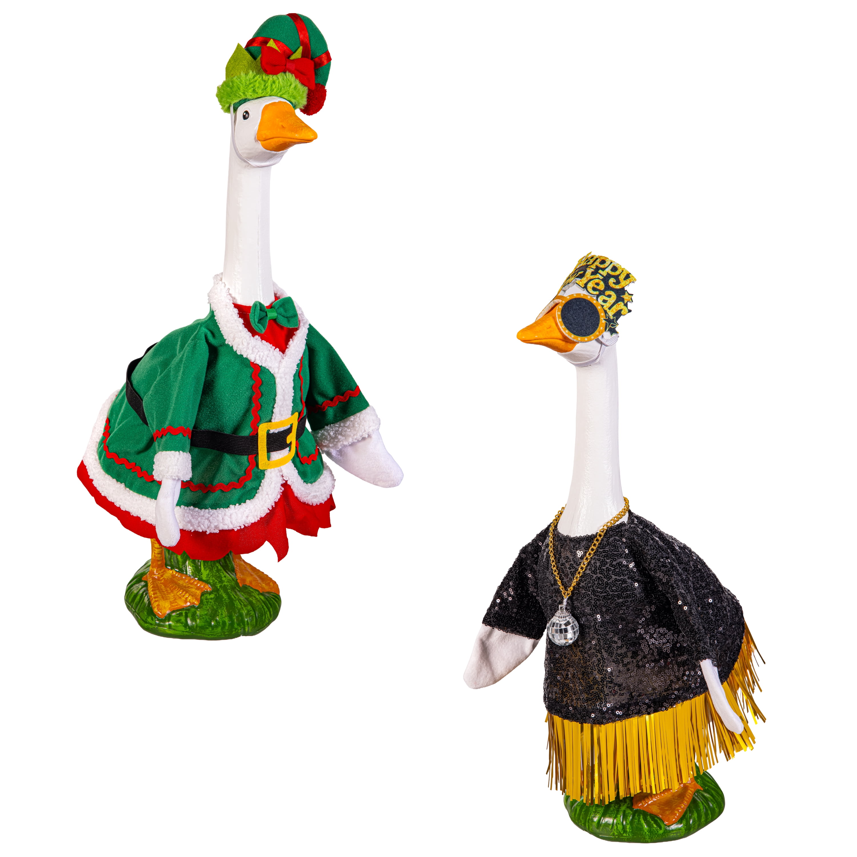 Mainstays Holiday Elf & New Year Porch Goose Outfit, Set of 2, Fits 20" Goose
