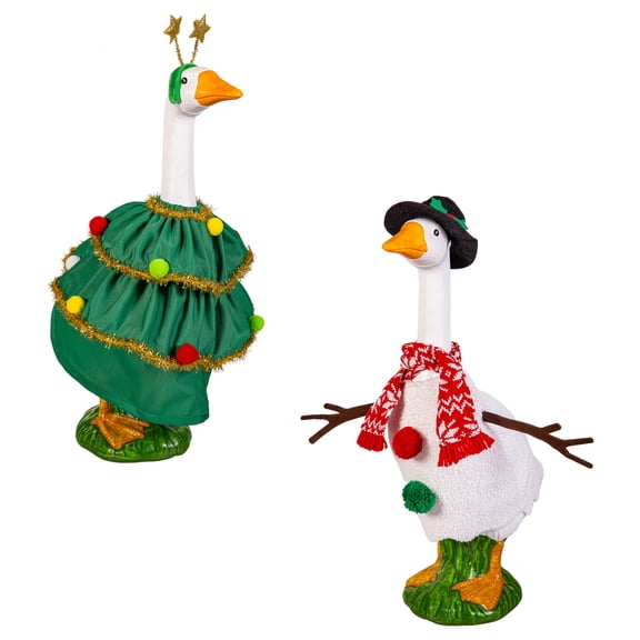 Mainstays Holiday Snowman & Tree Porch Goose Outfit, Set of 2, Fits 20" Goose