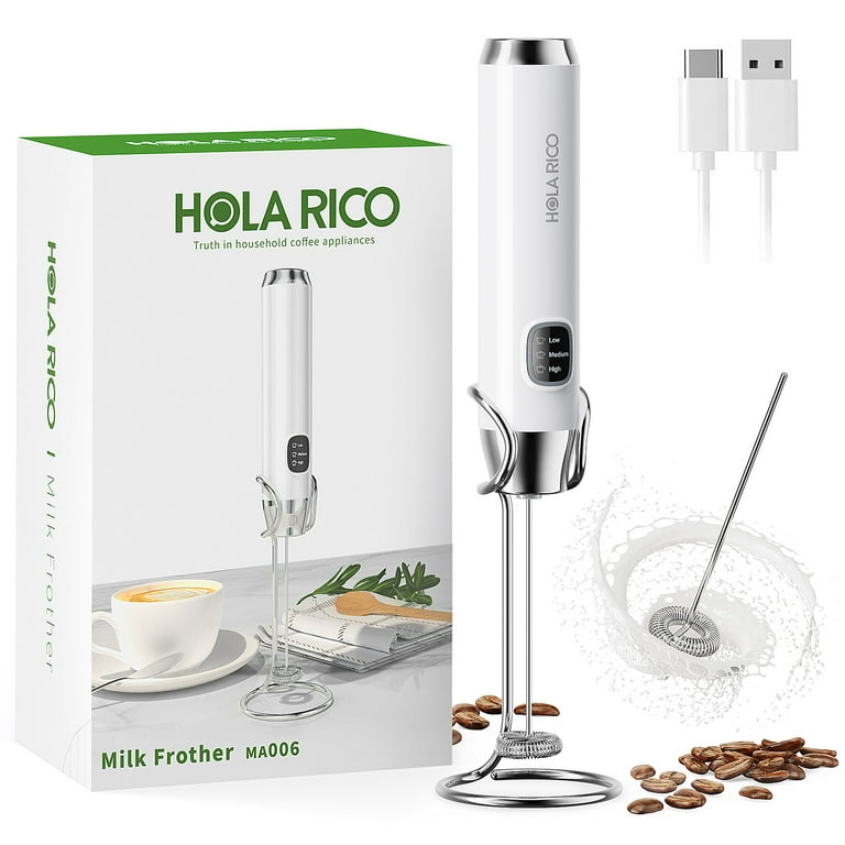 HOLA RICO Milk Frother Handheld with Digital Display, Rechargeable Electric  Foam Maker Waterproof Detachable Stainless Steel Whisk Drink Mixer Foamer  with Stand, 2 Whisks for Lattes, Cappuccino, White 