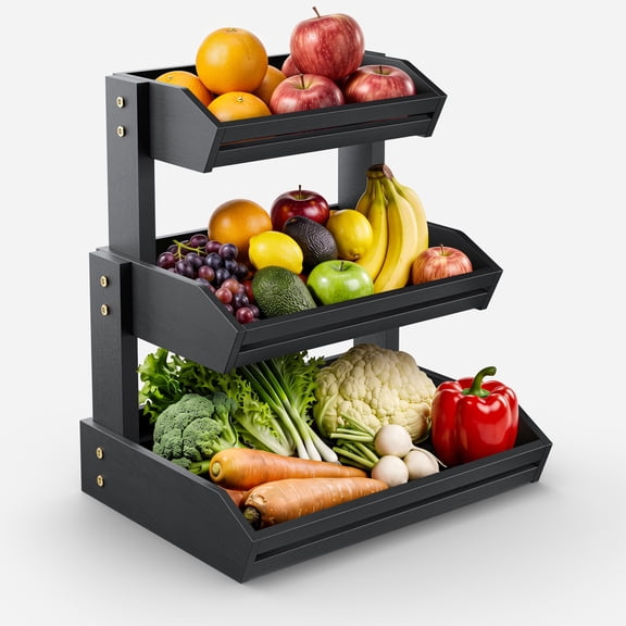 Acacia 3 Tier Fruit Basket, Easy Assembly, Versatile Use (Black) | Solid Acacia Wood, Non-slip Pads, 20LBS Capacity, Slatted Design, Multi-Purpose Storage for Fruit & Vegetable, Pantry Bin