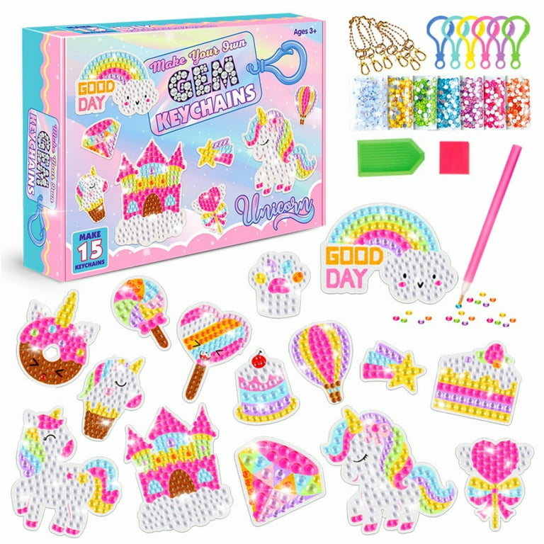 15 Pcs Diamond Art Kits for Kids, DIY Diamond Dot Gem Art and Crafts Toys  Diamond Painting Keychains Making Kit, Easy and Fun Gift for Girls Children  Activities Age 6 8 10