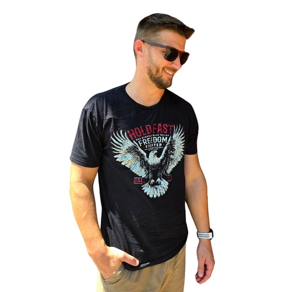 HOLD FAST Mens Short Sleeve Casual T-Shirt, Freedom Fighter Eagle, Black, SM