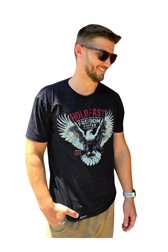 Mens Short Sleeve Casual T-Shirt, Freedom Fighter Eagle, Black, XL